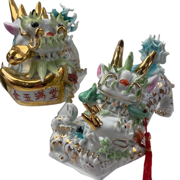 Vintage Porcelain Foo Dogs Asian Temple Guardian Lion Teal w/ Gold Tone Accents - Picture 2 of 7